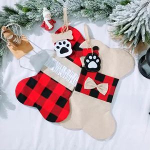 2025 Large Bone Shape Classic Hanging Christmas Stockings for PetsDog Burlap Plaid Stockings
