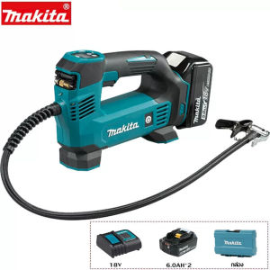 【โปรโมชั่นลดราคา】Makita DMP180 18V LXT®ลิเธียมไอออนไร้สายพอง ปั๊มลมไร้สายแบตเตอรี่ลิเธียมแบบชาร์จไฟได้ยางรถยนต์เครื่องเติมลมไฟฟ้าแบบพกพาขนาดเล็กสําหรับยางรถยนต์ แบตเตอรี่ขับเคลื่อน อะแดปเตอร์วาล์ว Presta เข็มบอลกีฬา อะแดปเตอร์เรียวสีฟ้าdmp180
