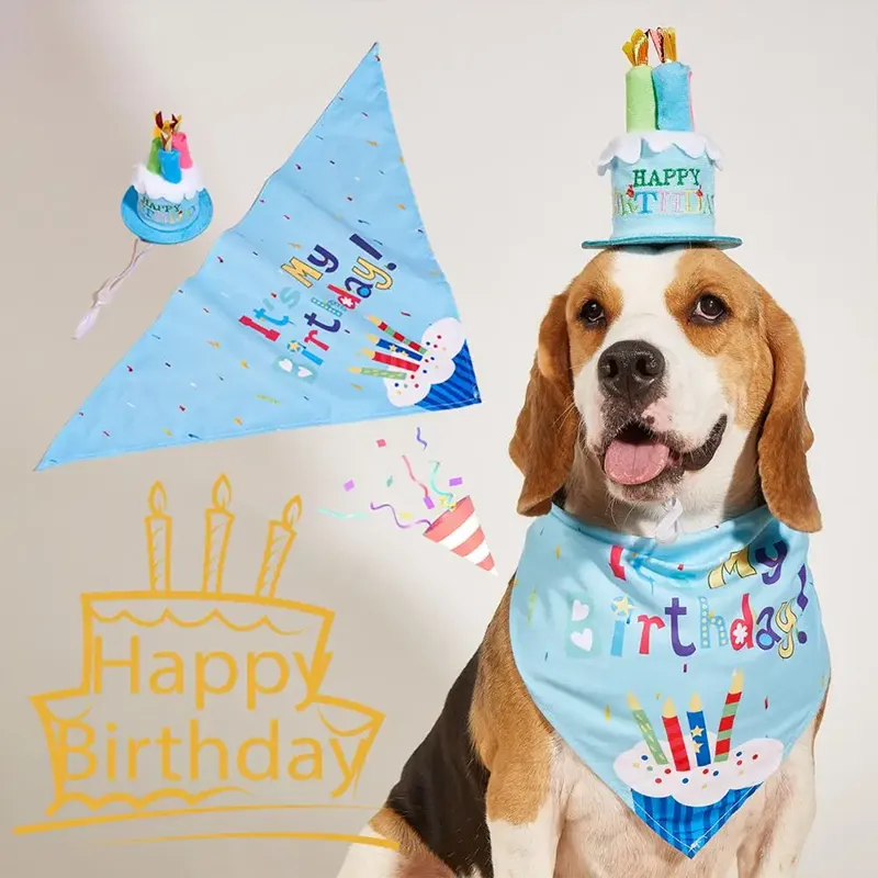 Large Pet Dog Birthday Hat Bib Party Suit Dog Accessories Party Decor Blue  Cat Dog Birthday Bib Set Cap Puppy Headwear