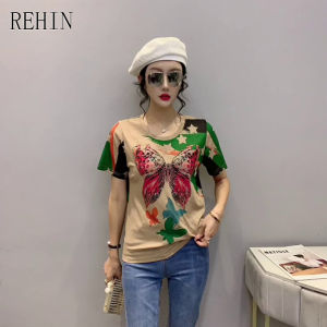 REHIN Womens top Fashion print with diamonds round neck short-sleeved T-shirt stretch trend blouse