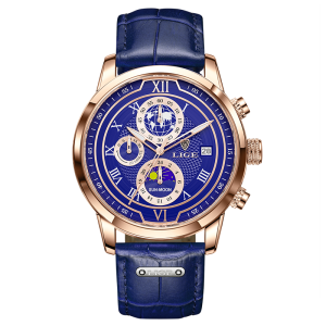 LIGE Fashion Men Watches Waterproof Chronograph Moon Phase Date Casual Leather Quartz Watch For Men + Box