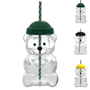 OUREAL 2025 Bear Plastic Cup with Lid Transparent Bear Straw Cup Cute Large Capacity Teddy Bear Plastic Cup Home Bar