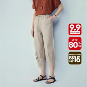 Giordano Beau Monde Women Stretch cotton pleated hem elastic waist pants Free Shipping 13426439