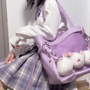 big size Leather with ribbon lace Japanese Fashion Kpop School bag toy collector