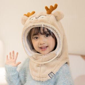 LUMIYA Phim hoạt hình Mũ tích hợp nạ cho trẻ em Dày hơn Đồ nhồi bông Mũ có mũ lông cừu Mùa đông ấm áp Mềm mại Mũ chống gió