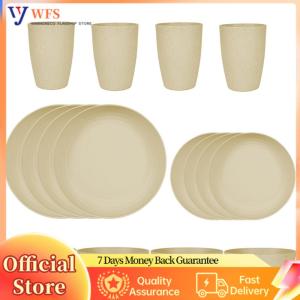 【Flagship】16Pcs Unbreakable Dinnerware Set Reusable Wheat Straw Dinnerware Suit Lightweight Dish Cup Bowl Set for Travel BBQ Use