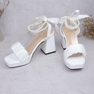 Giày cao gót đúp vuông 9p quai dún ren vòng cổ hạt châu cột ruy băng sau gót SD76