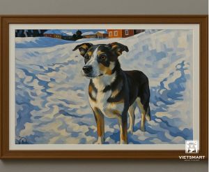 Tranh Nghệ thuật "Chú Chó Trên Tuyết Trắng 2" VIETSMART ART - Sơn dầu trên toan vải 45 x 60cm