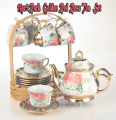 14 PC + CHROMED STAND NORDIC BIG TEA POT GOLDEN RIM FLEUR COFFEE/TEA SET LZ14SLYJ. 