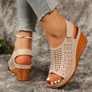 [Free Shipping] 2025 Plus Size Womens Sandals Wedge Heel Peep-Toe Sandals Womens Velcro Fashionable Comfortable Roman Sandals