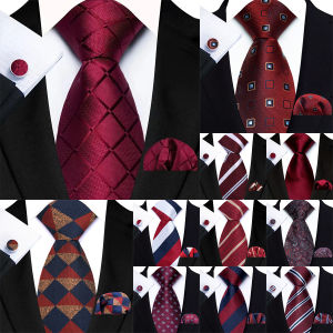 Classic Dark Red Stripes Dot Mens Fashion Necktie Handkerchief Cufflinks Set for Tuxedo Classic 8CM Tie Man Gift Valentines Day