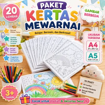 20 lembar Kertas Mewarnai Anak Paud/TK/SD/Lembar mewarnai/Mewarnai banyak tema BARU!