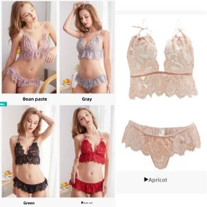 QMissLin Womens Lace Lingerie Sleepwear Set 3 Sets (Bra + Panties) Sheer Home Loungewear