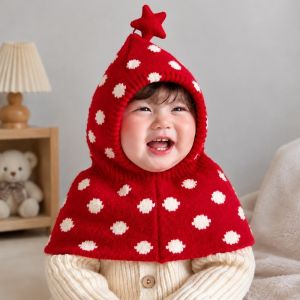 MIRELAE Warm Toddler Hooded Scarf Hat Windproof Thickened Winter Red Knit Hat Cute Ear Protection Baby Warm Pompon Beanie 1-3 Years