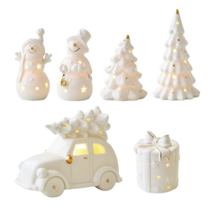 Ceramic Cutout Snowman Car Christmas Tree Ornament with LED Light Up Decoration For Home Office Desktop Festives Gift