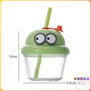 Amoki【Ready in Stock】 210ml Mini Glass Cup with Lid and Straw Cartoon Glass Milk Juice Cup