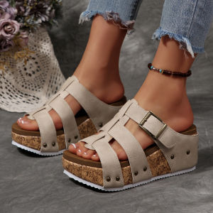 Wedge Heel Buckle Sandals For Women 2026 Summer New Large Size Rivet Fashion High Heel WomenS Shoes