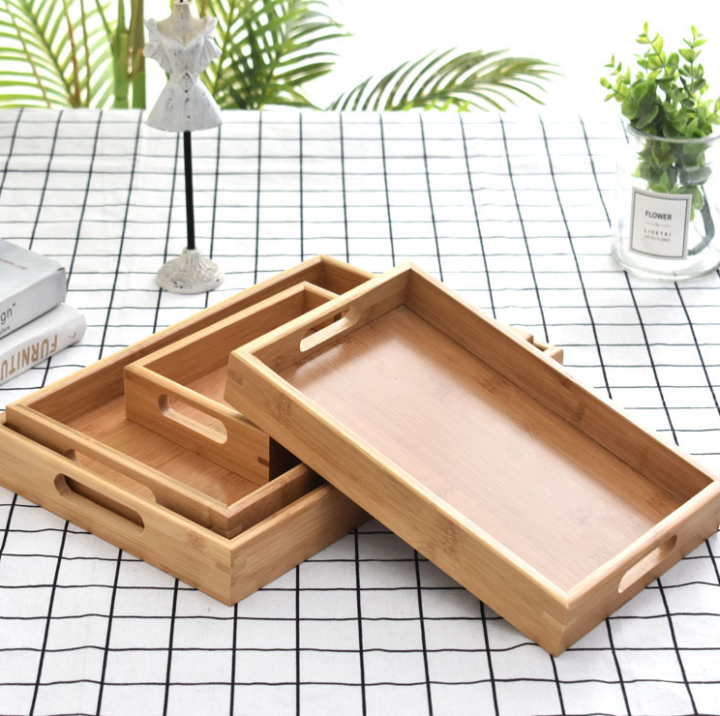 Singapore Rectangle Bamboo Wooden Serving Tray with handle Serving