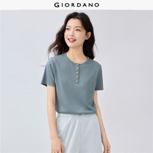 GIORDANO Women T-Shirts Heart Buttons Henley Neck Rib Tee Stretchy Short Sleeve Summer Simple Fashion Casual Tshirts 05325467