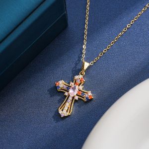 Rainbow Cross Pendant Necklace Colorful Shiny Rhinestones Charm Necklace Dainty Faith Cross Pendant Necklace Faith Christian Costume Accessories Jewelry for Women