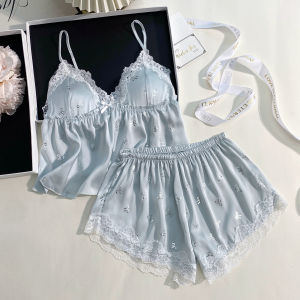 Summer New Womens Suspender Sleepwear Set Silver Hot Silk V-neck Suspender Shorts Pyjamas with Padded Female Ladies Home Wear Clothing