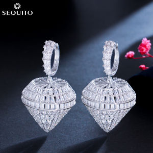 SEQUITO Luxury Brand Jewelry Full Micro Pave Cubic Zircon Statement Big Crystal Chandelier Drop Bridal Hoop Earrings for Women Wedding SE527