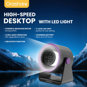 Orashare DF03L Rechargeable Desk Fan with LED Light 10000mAh Powerbank 100 Speed 30H Quiet Cooling 135° Adjustable Angle