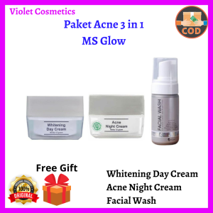 [PAKET 3 IN 1 ] Paket Acne Series MS Glow 3 in 1 /  Facial Wash  + Whitening Day Cream + Acne Night Cream  (Tanpa Toner)