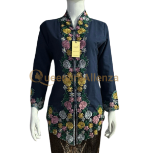 Kebaya Encim Navy Bordir Bunga Lengan Panjang Pakaian Tradisional Modern Terbaru