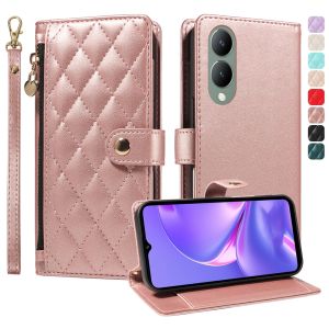 Cho Vivo y19s Y28 Y29 Y39 Y27 y17s Y100 Y200 y04 vỏ điện thoại dây kéo từ thơm Ví da gió với đứng nắp gập có khe cắm thẻ bìa vỏ