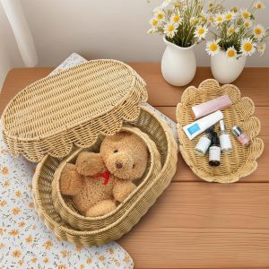 Handwoven Rattan Storage Basket Decorative Lid Organizer Eco-Friendly Home Decor Household Storage Box Bahay Organization Bamboo Fan Shape Container