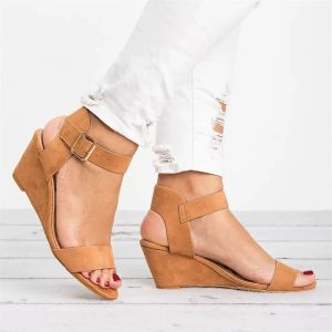 Free Shipping Plus-Size WomenS Sandals In Solid Color With Open Toe One-Strap Buckle And Height-Increasing Wedge Heel For Outdoor Wear Size 43