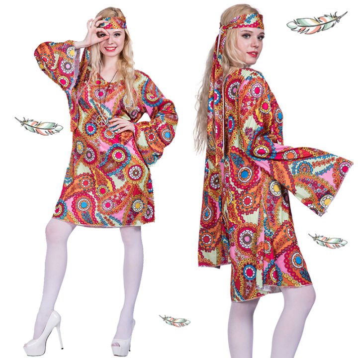 70s 80s Women Hippie Costume Set Disco Outfit Headband Dress For Halloween  Cosplay Party