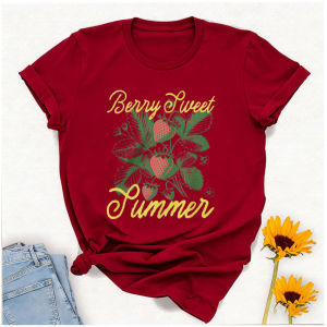 [Local Stock] HBESTY  Cute Strawberry Graphic Tee White Short Sleeve Crew Neck Cursive Floral Pattern Berry Sweet Summer High Quality Cotton Casual