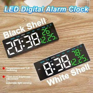HOUCHU 12/24H Format LED Electronic Clock Date Week 2 Alarms Alarm Clock Simple Auto-Dimmer Dual Control Table Clock Home Use