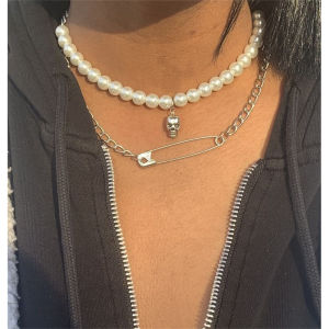 [YAN K] 2PCS/SET Double Layers Pearl Skull Pendent Necklace Paperclip Pin Cuban Choker For Mothers Day Jewelry Gift