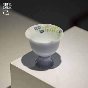 墨己晴山蓝手绘野菊赋仿宋高足花口茶杯功夫茶具家用主人杯品茗杯