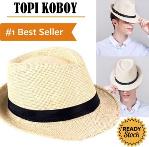 Topi Koboy Laken Pria Dewasa Fedora Koboi Tompi Vintage Cowboy Cap Coboy Jazz Panama Keren Jerami Polos Lebar Distro Import Impor Bulat Bundar Fashion Cowok Laki Laki Cowo Cwo Casual Gaya Kasual Jadul Pantai Outdoor Anti Panas - Cream
