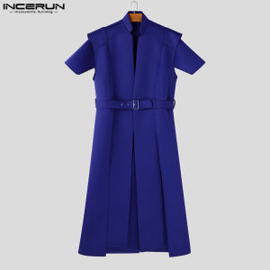 INCERUN Mens Handsome Fashion Stand Neck Belt Midi Cardigan Street Cool Profile Coats (Western Style) #250118