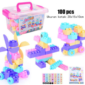 100 pcs Building Block Castle Mainan dengan Hiasan Blok Bricks Susun Anak Toys Free Storage Box