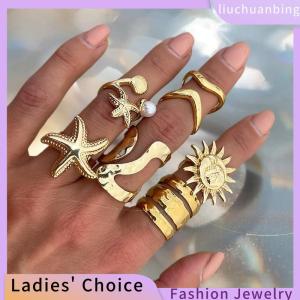 [COD] liuchuanbing Jewellery 4 6 7 9 cái bộ Cổ Điển Mặt Trời Sao Biển Mở Nhẫn Cho Phụ Nữ Người Đàn Ông Punk Không Thường Xuyên xếp li Vòng Ngọc Trai