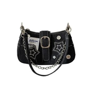 CRNGW Chain Stars Denim Shoulder Bag Y2K Canvas Underarm Bag Trendy Shoulder Bag Denim Crossbody Bag Lady