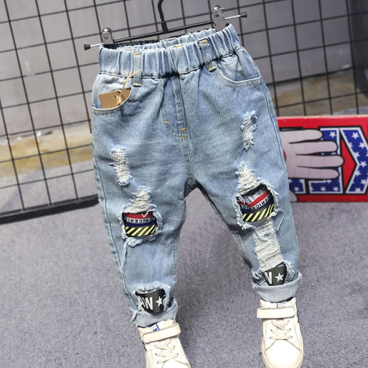 TMQ499 Boys' jeans 2021 Spring and Autumn new children's Korean style  ripped ankle-tied trousers cartoon casual long pants fashion