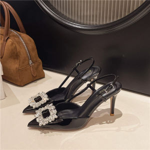 Ielgy Giày nữ Xăng đan cao gót mũi nhọn đính đá kiểu Pháp giày đơn có khóa