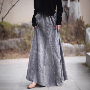 2026 Spring Summer Women Ramie Fabric Stone Washed Tie Dye Dress Raw Edge Patchwork Loose Casual Long Dress