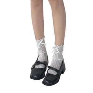 Womens Lace Ruffle Crew Socks Middle Tube Sock Bowknot Hollow Out Stocking Lace Trim Frilly Socks for Lady Girls