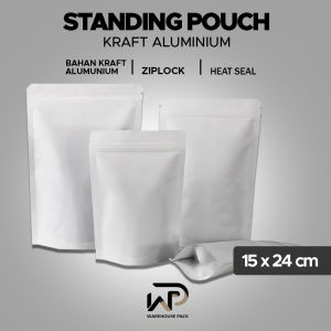 ( 50 Pcs ) Standing Pouch Kraft Putih Non Window 15 x 24 Cm | Kemasan Biji Kopi | Kemasan paper Ziplock Putih