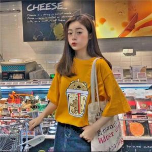 [HCM]Áo thun nam nữ form rộng Hàn Quốc in Hình Trà Sữa Thân Trước độc đẹp vải dày mịn mát đường may sắc sảo không phai màu không dính giặt ( Vàng )