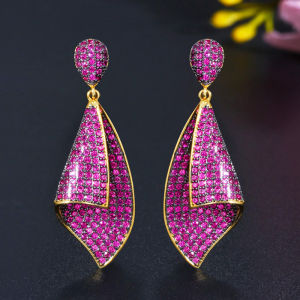 SEQUITO Stunning Ladies Jewelry Yellow Gold Plated Full Micro Pave Tiny Red Round AAA CZ Zirconia Prom Party Long Drop Dangle Earrings with 925 Silver Pin SE714