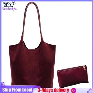 Tote Bag Faux Suede Magnetic Closure Hobo Bag for Women Slouchy Handbag Solid Top-handle Bag for Work Travel